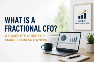 Fractional CFO guide for small business owners with financial reports and business planning workspace.